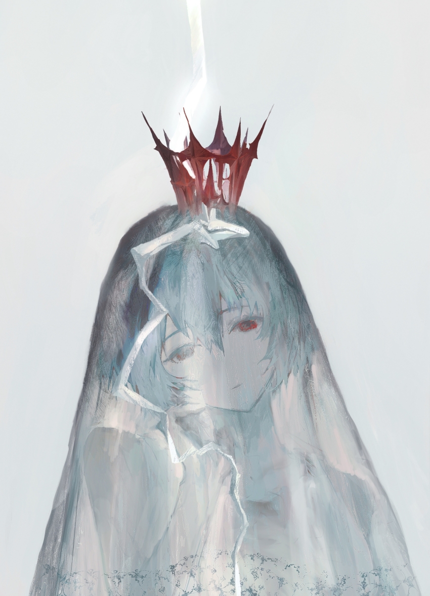 1girl absurdres ayanami_rei blue_hair crown expressionless hand_on_own_cheek hand_on_own_face highres hj_hikari0606 looking_at_viewer mantle neon_genesis_evangelion red_crown red_eyes see-through_clothes see-through_headwear short_hair simple_background solo upper_body veil white_background