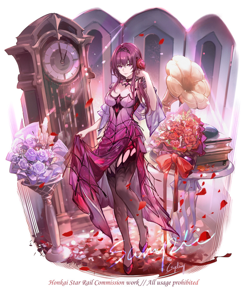 1girl alternate_costume black_thighhighs bouquet breasts chinese_commentary clock commentary_request commission csyday dress falling_petals flower grandfather_clock hair_flower hair_ornament highres honkai:_star_rail honkai_(series) large_breasts long_hair petals phonograph purple_dress purple_eyes purple_hair sample_watermark solo spider_web_print thighhighs watermark white_background