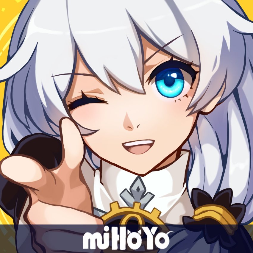 1girl ;d bang_(gesture) blue_eyes chabatake company_name finger_gun hair_between_eyes highres honkai_(series) honkai_impact_3rd index_finger_raised long_hair looking_at_viewer nun one_eye_closed open_mouth parody portrait side_ponytail smile solo teeth theresa_apocalypse theresa_apocalypse_(valkyrie_pledge) white_hair yellow_background