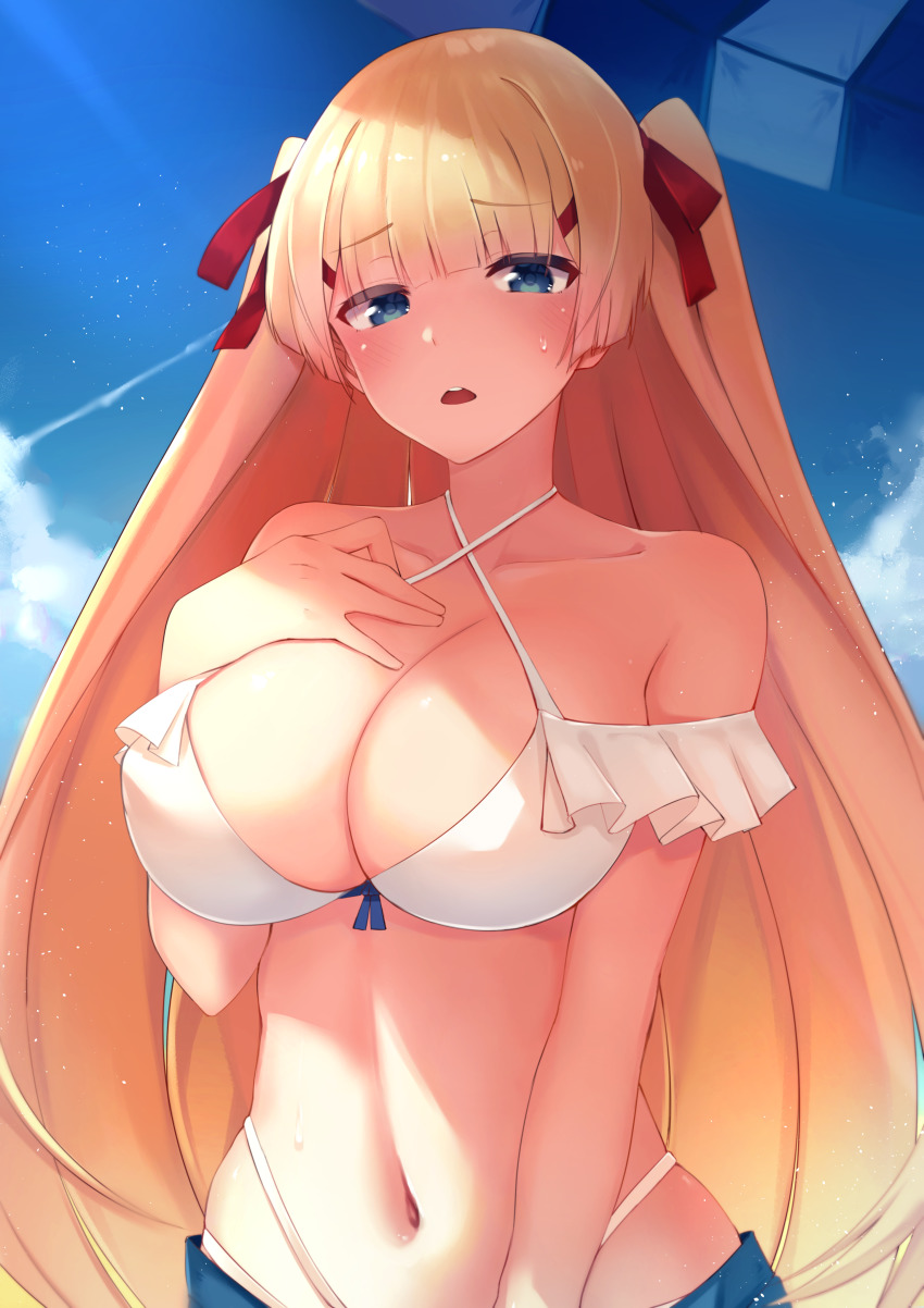 1girl absurdres alternate_costume azur_lane bare_shoulders beach_umbrella bikini blonde_hair blue_eyes blue_shorts blue_sky blush breasts cleavage cloud cloudy_sky collarbone commentary_request criss-cross_halter day female_focus frilled_bikini frills hair_between_eyes hair_ribbon halterneck hand_on_own_chest highleg highleg_bikini highres large_breasts long_hair looking_at_viewer navel open_mouth oshino_rinn outdoors parted_lips red_ribbon ribbon shorts sky solo stomach sunlight sussex_(azur_lane) sussex_(sunlit_tulip)_(azur_lane) sussex_(sunlit_tulips)_(azur_lane) sweat swimsuit teeth two_side_up umbrella upper_body upper_teeth_only very_long_hair white_bikini