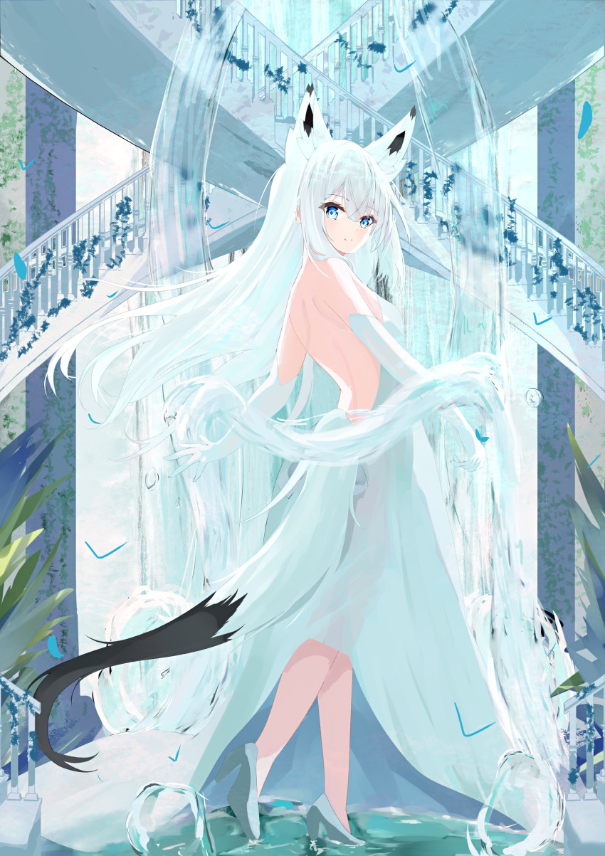 1girl absurdres animal_ears azur_lane back bare_back blue_eyes closed_mouth commentary dress elbow_gloves fox_ears fox_girl fox_tail from_behind full_body gloves high_heels highres kawakaze_(azur_lane) long_dress long_hair looking_at_viewer natsuki_(natsu_1936) smile solo standing strapless strapless_dress tail very_long_hair water white_dress white_footwear white_gloves white_hair
