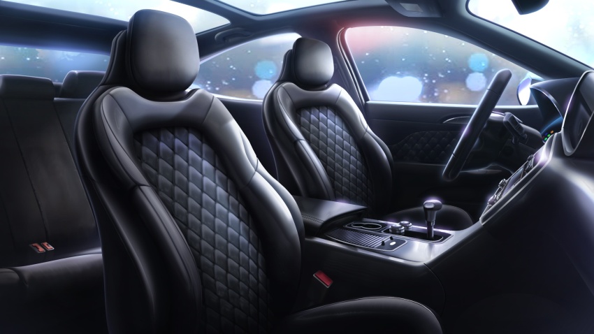 blurry bokeh car_interior car_seat condensation depth_of_field from_side glowing highres leather light_particles motor_vehicle night no_humans non-web_source official_art our_life:_beginnings_and_always patterned rain scenery skylight steering_wheel window_fog window_light