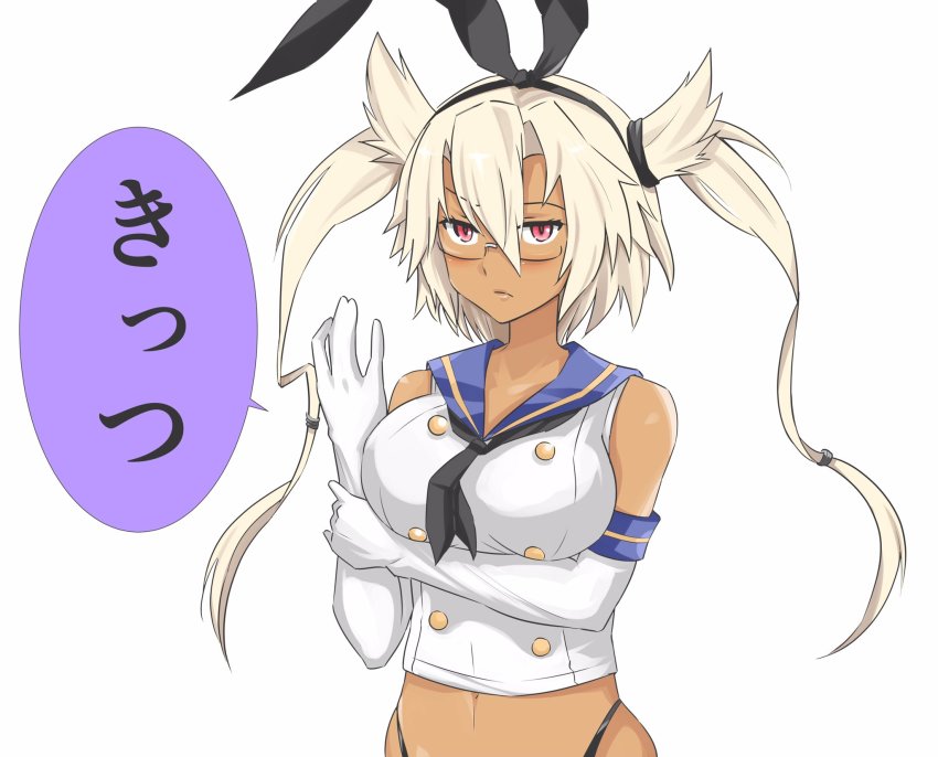 1girl adjusting_clothes adjusting_gloves animal_ears breasts commentary_request cosplay crop_top dark-skinned_female dark_skin elbow_gloves fake_animal_ears female_focus glasses gloves hair_between_eyes hairband highres inoue_kousei kantai_collection large_breasts long_hair looking_at_viewer musashi_(kancolle) navel neckerchief rabbit_ears shimakaze_(kancolle) shimakaze_(kancolle)_(cosplay) shirt simple_background sleeveless sleeveless_shirt solo translation_request twintails upper_body white_background