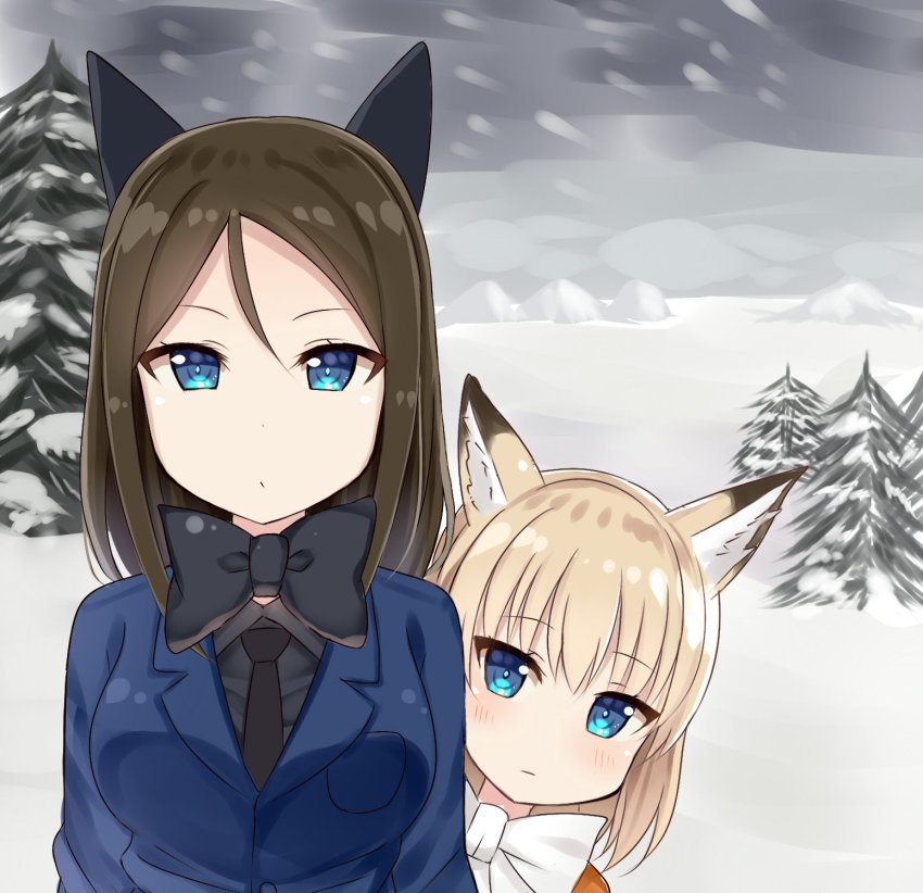 10s 2girls :/ :| animal_ears black_bow black_bowtie black_necktie black_shirt blazer blonde_hair blue_eyes blush bow bowtie breast_pocket breasts brown_hair closed_mouth collar collared_shirt cosplay dot_nose expressionless ezo_red_fox_(kemono_friends) ezo_red_fox_(kemono_friends)_(cosplay) fox_ears girls_und_panzer hair_between_eyes hiding hiding_behind_another highres jacket katyusha_(girls_und_panzer) kemono_friends kemonomimi_mode kita_kitsune kita_kitsune_(cosplay) large_breasts long_hair long_sleeves looking_at_viewer mizukoshi_(marumi) multiple_girls necktie no_nose nonna_(girls_und_panzer) outdoors parody pine_tree pocket shirt short_hair shy silver_fox_(kemono_friends) silver_fox_(kemono_friends)_(cosplay) snow snowing tree tsurime upper_body white_bow white_bowtie
