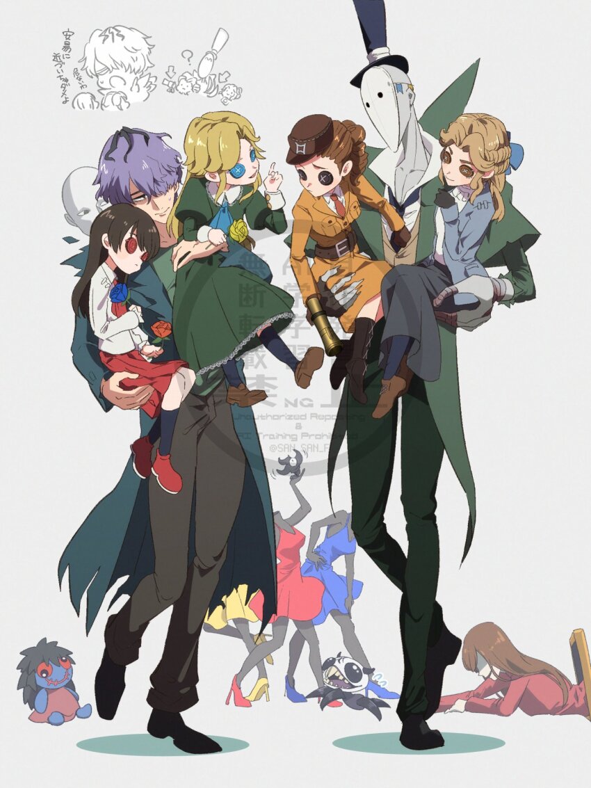2boys 5girls alice_deross artist_name ascot belt belt_buckle black_gloves black_hair black_hat black_necktie black_skirt black_socks blonde_hair blue_ascot blue_bow blue_eyes blue_flower blue_jacket blue_rose boots bow brown_belt brown_boots brown_coat brown_eyes brown_gloves brown_hair brown_hat brown_pants brown_shoes brown_vest buckle button_eyes buttons carrying carrying_person closed_mouth coat collared_dress collared_shirt colored_skin commentary creature crossover doll_(ib) dress drill_hair drill_ponytail flare_gun flower flying_sweatdrops frilled_dress frilled_shirt_collar frills frown full_body garry_(ib) gloves green_coat green_dress green_pants grey_background grey_skin gun hair_bow hair_over_one_eye hat highres holding holding_flower holding_gun holding_weapon ib_(ib) ib_(kouri) identity_v imotu jack_(identity_v) jacket juliet_sleeves lady_in_red_(ib) loafers long_hair long_sleeves looking_at_another martha_behamfil mary_(ib) mask multiple_boys multiple_girls multiple_views necktie open_clothes open_jacket open_mouth pants patroller_(identity_v) peeper_(identity_v) puffy_sleeves purple_hair red_ascot red_eyes red_flower red_necktie red_rose red_shoes red_skirt rose shirt shoes short_hair simple_background skirt smile socks standing statue sweat sweater top_hat torn_clothes torn_coat translation_request twitter_username vest watermark weapon white_shirt white_sweater wing_collar yellow_flower yellow_rose