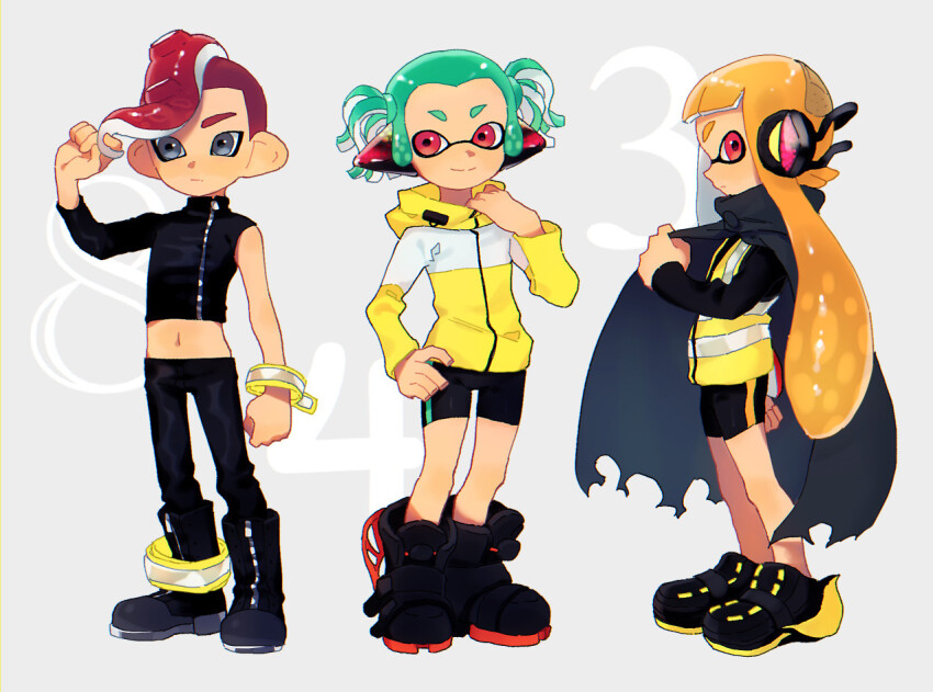 1boy 2girls agent_3_(splatoon) agent_4_(splatoon) agent_8_(splatoon) anklet bandaid bandaid_on_head behind-the-head_headphones bike_shorts black_cape black_footwear black_jacket black_pants black_shirt black_shorts boots cape character_name clenched_hand closed_mouth commentary_request crop_top full_body green_hair grey_background grey_eyes hand_on_own_hip headphones high-visibility_clothing high-visibility_vest hood hood_down hooded_jacket inkling jacket jewelry long_hair midriff multiple_girls navel nintendo octoling orange_hair pants red_eyes red_hair sakino_(sanodon) shirt short_hair short_twintails shorts sidelocks single_sleeve smile splatoon_(series) splatoon_2 split_mouth squidbeak_splatoon standing tentacle_hair torn_cape torn_clothes twintails twirling_hair wristband yellow_jacket zipper zipper_pull_tab