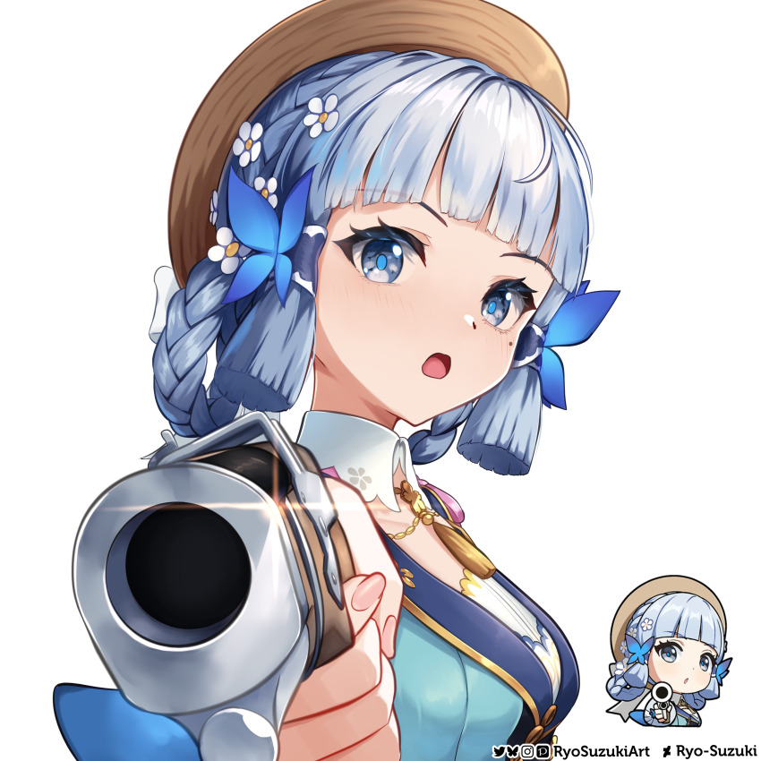 1girl absurdres aiming aiming_at_viewer ayaka_(genshin_impact) blue_dress blue_eyes blue_hair blue_pupils braid braided_hair_rings breasts brown_hat butterfly_hair_ornament commentary_request dress fingernails flower genshin_impact genshin_impact_sticker_redraw_(meme) glint gun hair_flower hair_ornament hair_rings handgun hat highres holding holding_gun holding_weapon kamisato_ayaka kamisato_ayaka_(springbloom_missive) looking_at_viewer medium_breasts meme mixed-language_commentary mole mole_under_eye neck_tassel official_alternate_costume official_alternate_hairstyle partial_commentary reference_inset ryo-suzuki simple_background tassel twitter_username upper_body weapon white_background