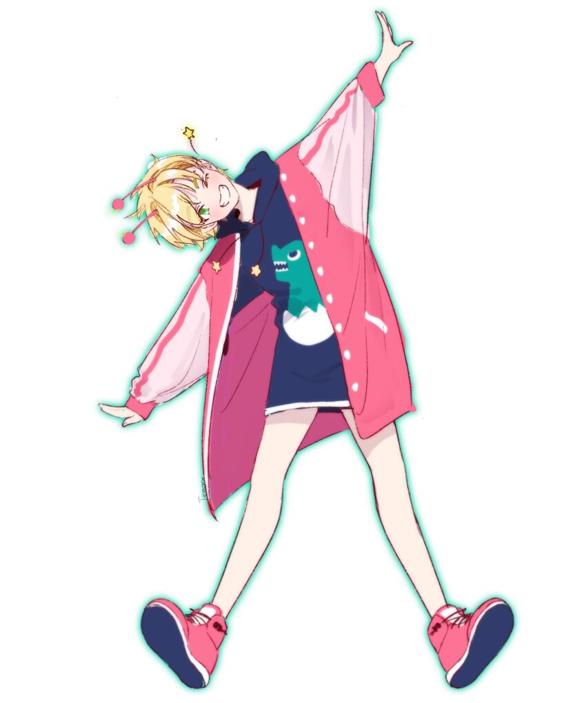 1girl alien antennae bare_legs black_hoodie blonde_hair blush dandadan full_body green_eyes grin highres hood hood_down hoodie jacket leaning_to_the_side looking_at_viewer one_eye_closed open_clothes open_jacket outstretched_arms pink_jacket pink_shoes shoes short_hair smile solo star_(symbol) tiemoww vamola_(dandadan) white_background