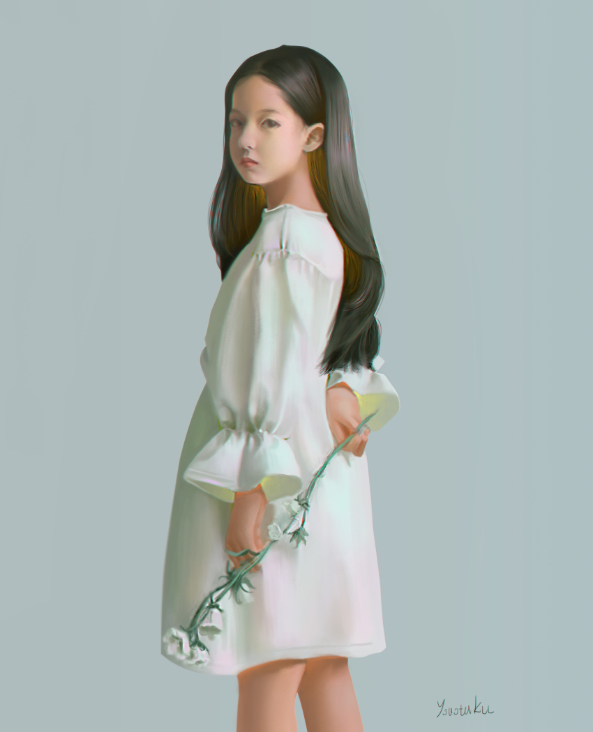 black_hair child dress flower highres holding holding_flower impasto long_hair looking_back original realistic sundress white_background white_dress white_flower youotaku