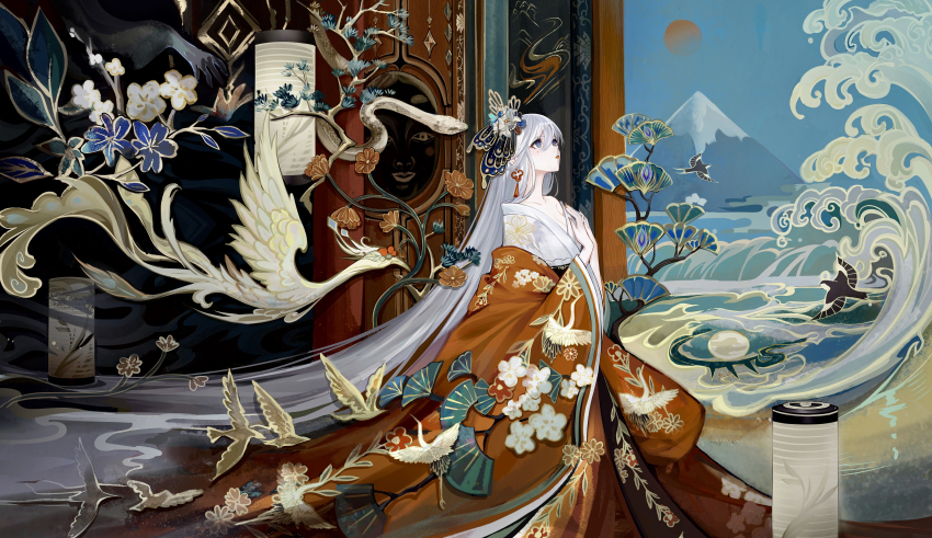 1girl absurdly_long_hair absurdres animal_print bird bird_print earrings floral_print grey_eyes grey_hair hair_ornament hands_on_own_chest highres jewelry lantern long_hair looking_up mole mole_under_eye original pale_skin shan_gui_yu_yao snake solo very_long_hair wide_sleeves