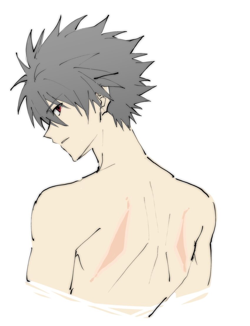 1boy back bare_shoulders closed_mouth cropped_arms cropped_torso grey_hair hair_between_eyes highres looking_back male_focus nagisa_kaworu nape neon_genesis_evangelion red_eyes shoulder_blades simple_background solo topless_male tousok white_background