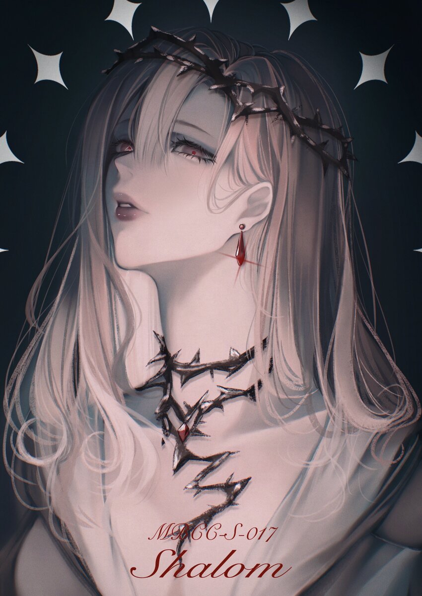 1girl absurdres black_background breasts cleavage collarbone commentary crown_of_thorns earrings gradient_background gradient_hair hair_between_eyes head_back heterochromia highres jewelry lips long_hair looking_at_viewer looking_to_the_side mismatched_pupils multicolored_hair nakai111 official_alternate_costume parted_lips path_to_nowhere purple_eyes purple_hair shalom_(path_to_nowhere) sideways_glance solo symbol-shaped_pupils thorns_necklace triangle-shaped_pupils upper_body white_hair