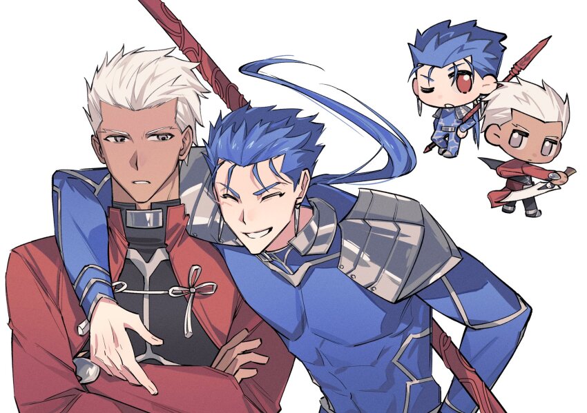 2boys archer_(fate) arm_around_shoulder blue_hair chibi chinese_commentary closed_eyes commentary_request crossed_arms cu_chulainn_(fate) cu_chulainn_(fate/stay_night) dark-skinned_male dark_skin dual_wielding earrings fate/stay_night fate_(series) frown gae_bolg_(fate) grey_eyes highres holding holding_polearm holding_sword holding_weapon jewelry kanshou_&amp;_bakuya_(fate) male_focus multiple_boys one_eye_closed polearm red_eyes shoulder_plates smile spear sword turtleneck weapon white_hair y111111n
