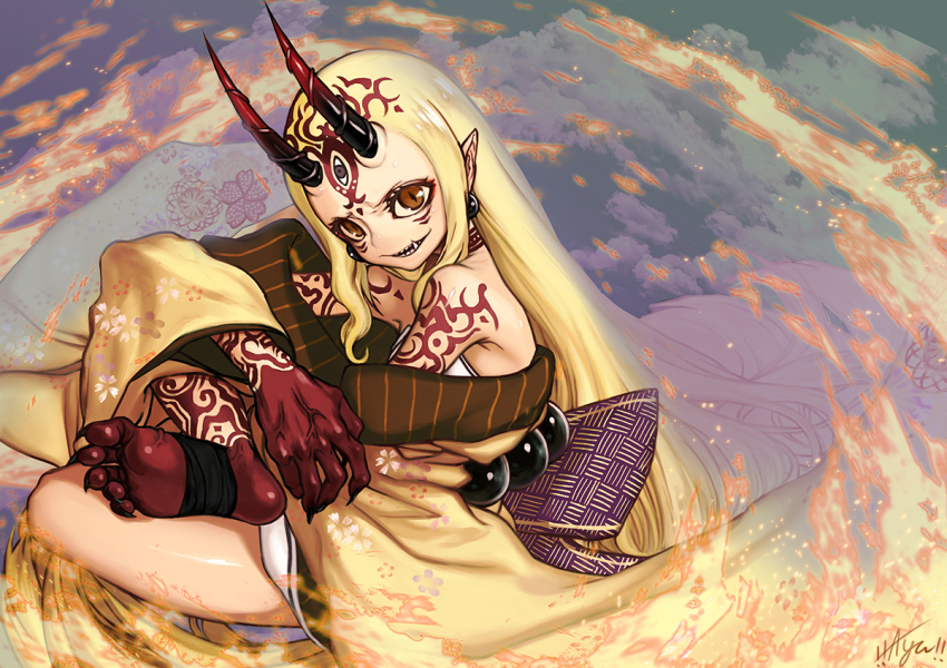 1girl akaiyou bare_shoulders blonde_hair claws fang fate/grand_order fate_(series) feet female_focus fire fire floral_pattern horns ibaraki_douji_(fate) japanese_clothes kimono legs long_hair looking_at_viewer monster_girl off_shoulder oni oni_horns pointy_ears short_kimono slit_pupils solo tattoo thighs toes wide_sleeves yellow_eyes yellow_kimono