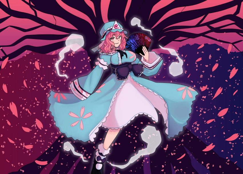 1girl absurdres black_footwear blush breasts bug butterfly cherry_blossoms dress hand_fan hat henemimi highres hitodama insect japanese_clothes large_breasts long_hair long_sleeves looking_at_viewer medium_hair mob_cap obi petals pink_eyes pink_hair ribbon saigyou_ayakashi saigyouji_yuyuko saigyouji_yuyuko&#039;s_fan_design sash short_hair smile socks solo touhou triangular_headpiece underbust very_long_hair white_socks wide_sleeves