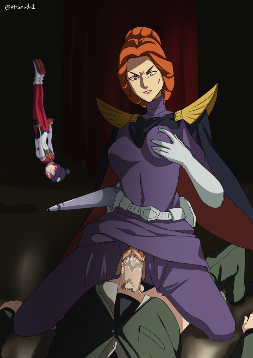 &gt;:) 1boy 2girls absurdres amate_yuzuriha assertive_female atramada beanie belt blonde_hair bodysuit breasts business_suit cape char_aznable cheekbones clothes_pull commission commissioner_upload covered_erect_nipples cowgirl_position falling female_pubic_hair formal_clothes girl_on_top gloves grabbing_own_breast gun gundam gundam_gquuuuuux hair_up hat hetero highres holding holding_gun holding_weapon jacket kycilia_zabi male_pubic_hair mecha_pilot_suit military_uniform mobile_suit_gundam motion_blur multicolored_bodysuit multiple_girls pants pants_pull penis pubic_hair pubic_hair_peek pussy pussy_juice red_hair sex shoulder_pads spread_legs straddling suit suit_jacket testicles torn_clothes torn_pants upside-down v-shaped_eyebrows vaginal weapon wide-eyed