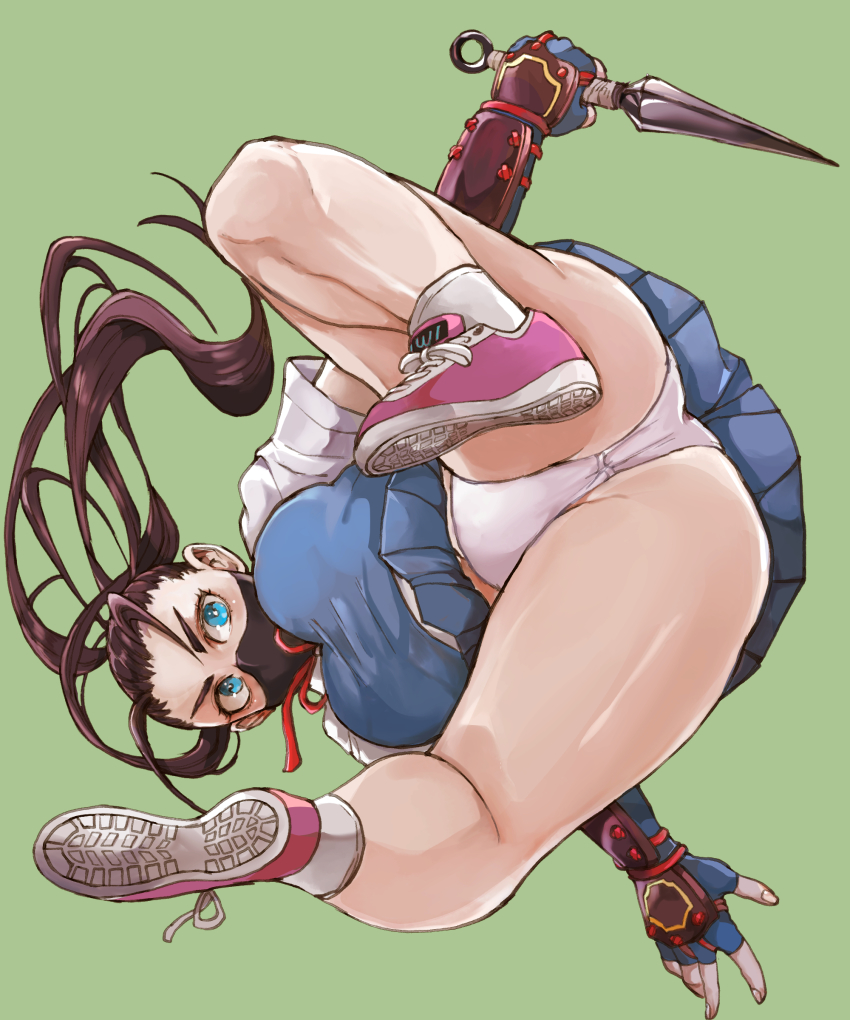 1girl absurdres antenna_hair blue_eyes blue_gloves blue_skirt blue_sweater_vest breasts elbow_gloves fingerless_gloves gloves green_background hajime_(kuninotokotatinokami) highres holding holding_weapon ibuki_(street_fighter) kunai large_breasts long_hair messy_hair panties pink_shoes ponytail school_uniform shoes skirt sneakers socks solo street_fighter street_fighter_v sweater_vest thick_thighs thighs underwear upside-down upskirt weapon white_panties