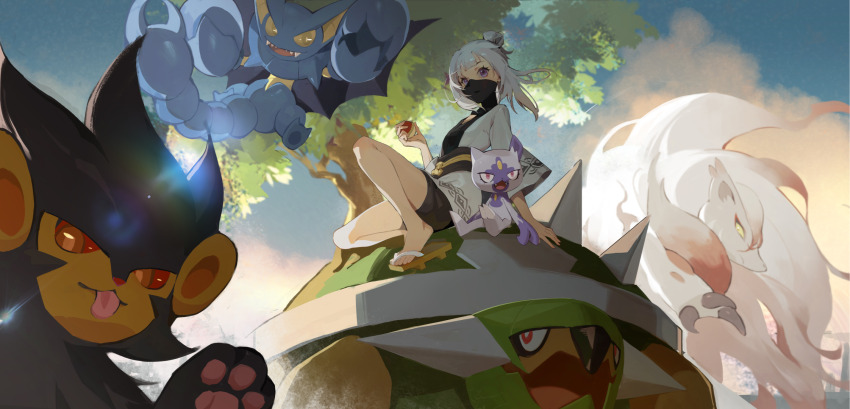 1girl alternate_color black_mask black_shorts blue_sky cloud commentary_request covered_mouth full_body gen_4_pokemon gliscor hair_bun highres hisuian_sneasel hisuian_zoroark holding holding_poke_ball knee_up long_hair looking_at_viewer luxray mask mouth_mask ninja_mask nintendo obi original outdoors poke_ball pokemon pokemon_(creature) pokemon_legends:_arceus purple_eyes sanbai_jin_ye_da_mao sandals sash shiny_pokemon shirt shorts sitting sky three-quarter_sleeves torterra white_hair white_shirt