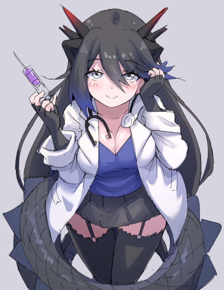 1girl absurdres animal_ears black_dragon_(kemono_friends) black_hair breasts cleavage coat dragon_girl dragon_horns dragon_tail elbow_gloves extra_ears fingerless_gloves garter_straps gloves grey_background grey_eyes highres holding holding_syringe horns kemono_friends large_breasts long_hair looking_at_viewer lowlandgorilla shirt simple_background skirt solo stethoscope syringe tail thighhighs white_coat