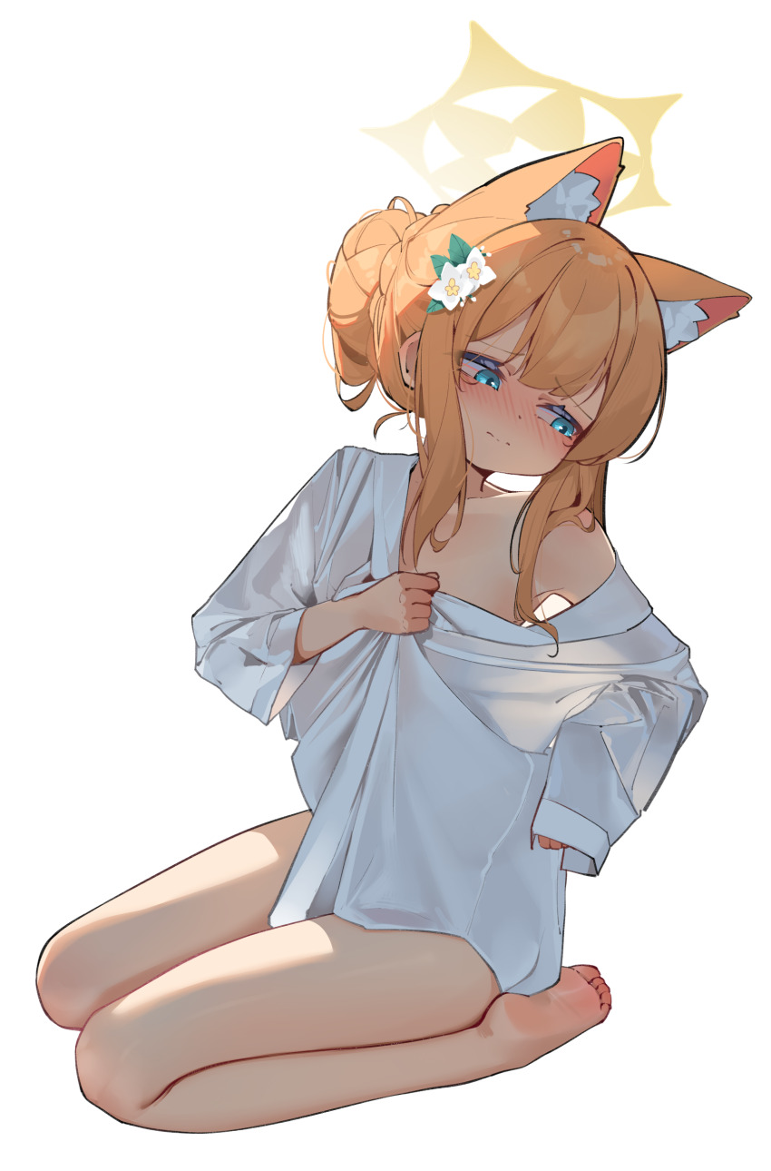 1girl absurdres animal_ear_fluff animal_ears bare_legs bare_shoulders barefoot blue_archive blue_eyes blush cat_ears cat_girl closed_mouth feet flower hair_bun hair_flower hair_ornament highres long_sleeves mari_(blue_archive) naked_shirt no_pants painterliuhao shirt simple_background sitting soles solo toes white_background white_shirt