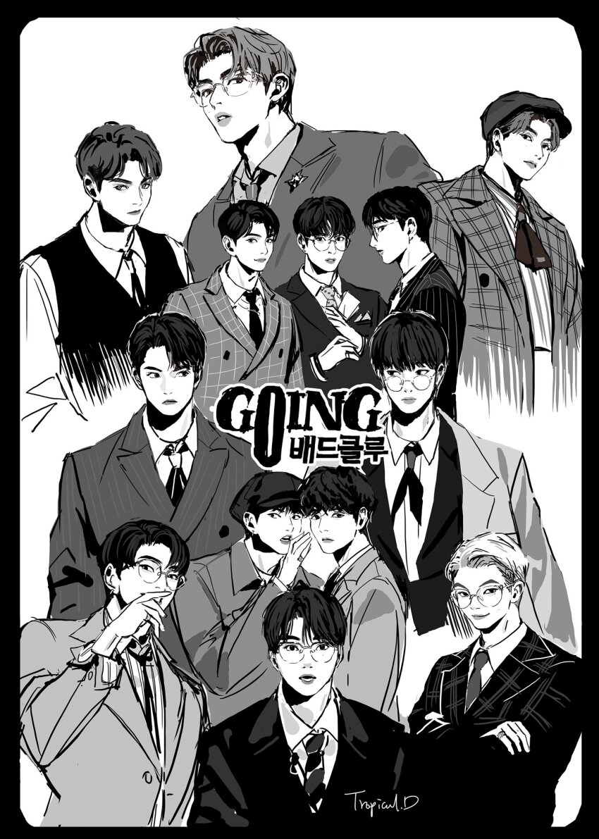 6+boys coat commentary crossed_arms dino_(seventeen) dk_(seventeen) formal_clothes glasses greyscale hat highres hoshi_(seventeen) jeonghan_(seventeen) jewelry joshua_(seventeen) jun_(seventeen) k-pop looking_at_viewer looking_to_the_side mingyu monochrome multiple_boys necktie parted_lips profile real_life ring s.coups seungkwan seventeen_(group) short_hair simple_background smile suit talking the8_(seventeen) tropicald2019 vernon_(seventeen) vertical-striped_suit vest wonwoo woozi_(seventeen)