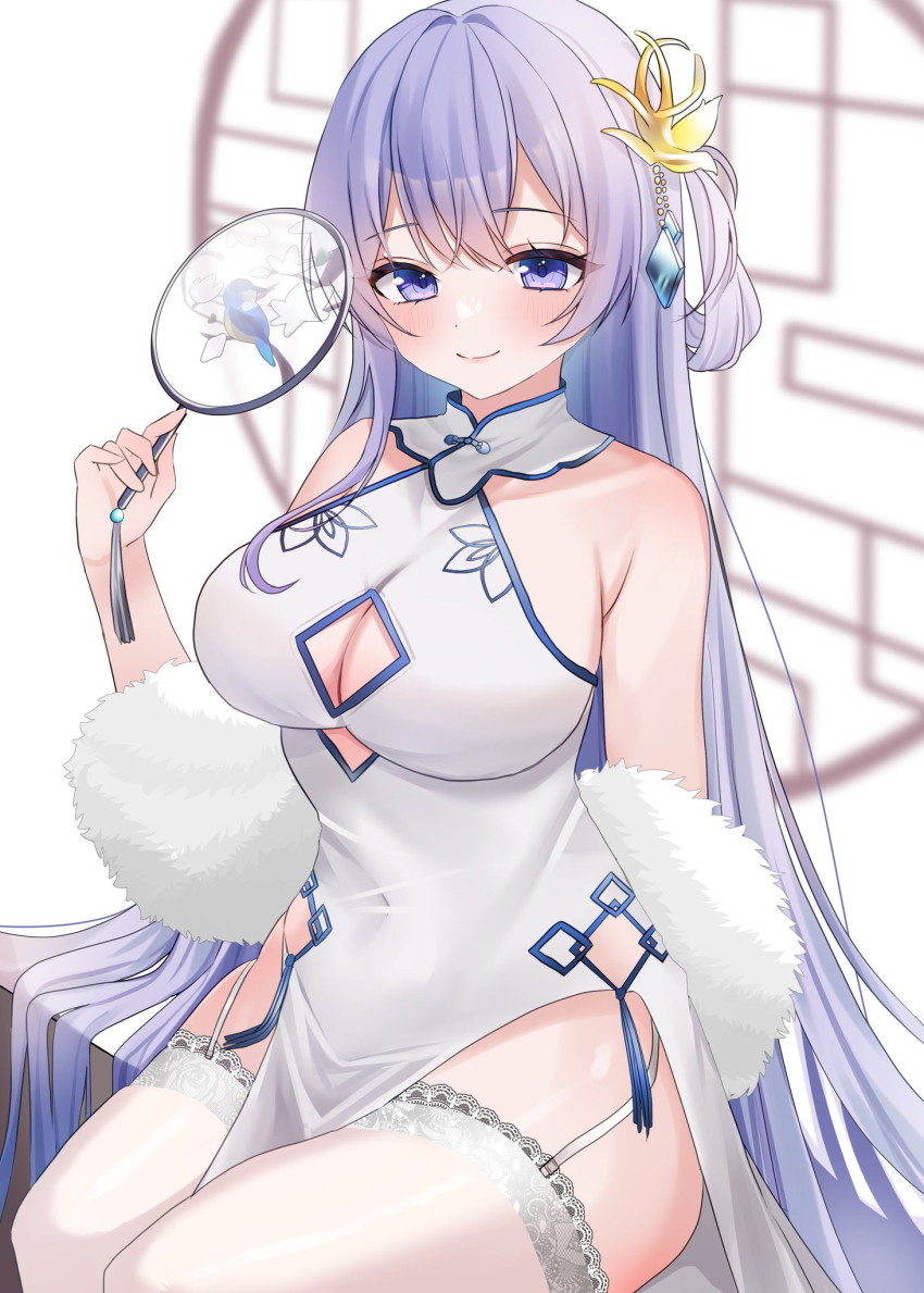 1girl azur_lane blue_gemstone breasts china_dress chinese_clothes clothing_cutout cutout_above_navel dress feather_boa fur_shawl garter_straps gem hair_ornament hand_fan highres holding holding_fan lace lace-trimmed_thighhighs lace_trim large_breasts official_alternate_costume pelvic_curtain purple_eyes rodney_(azur_lane) rodney_(immaculate_beauty)_(azur_lane) round_window shawl sitting sleeveless sleeveless_dress solo thighhighs transparent_fan tuanshan underboob_cutout white_garter_straps white_thighhighs window yoshino_(mfmfpng)