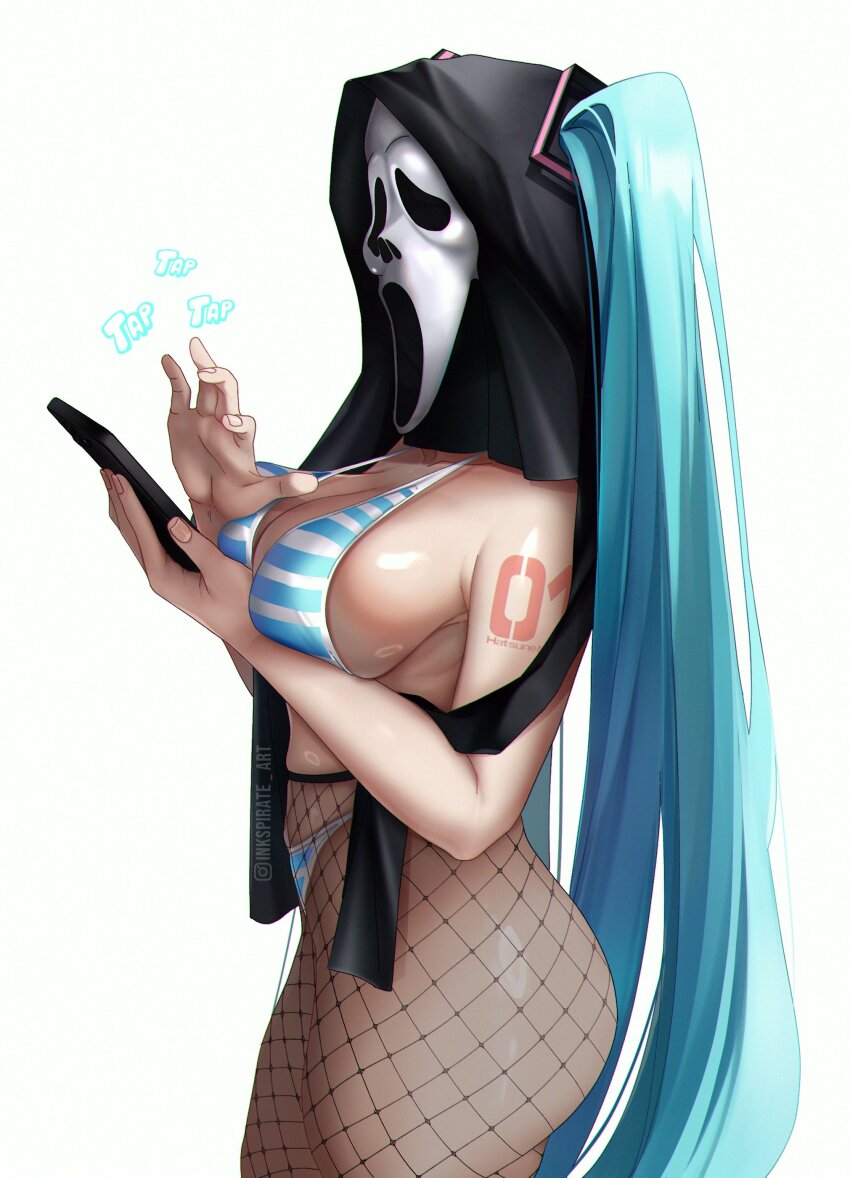 1girl absurdres arm_tattoo artist_name bikini breasts cellphone commentary cosplay english_commentary fishnet_pantyhose fishnets from_side ghostface ghostface_(cosplay) hands_up hatsune_miku highleg highleg_bikini highres holding holding_phone inkspirate instagram_logo instagram_username large_breasts mask pantyhose phone scream_(movie) sideboob simple_background smartphone standing striped_bikini striped_clothes swimsuit tattoo thighs twintails upper_body vocaloid white_background