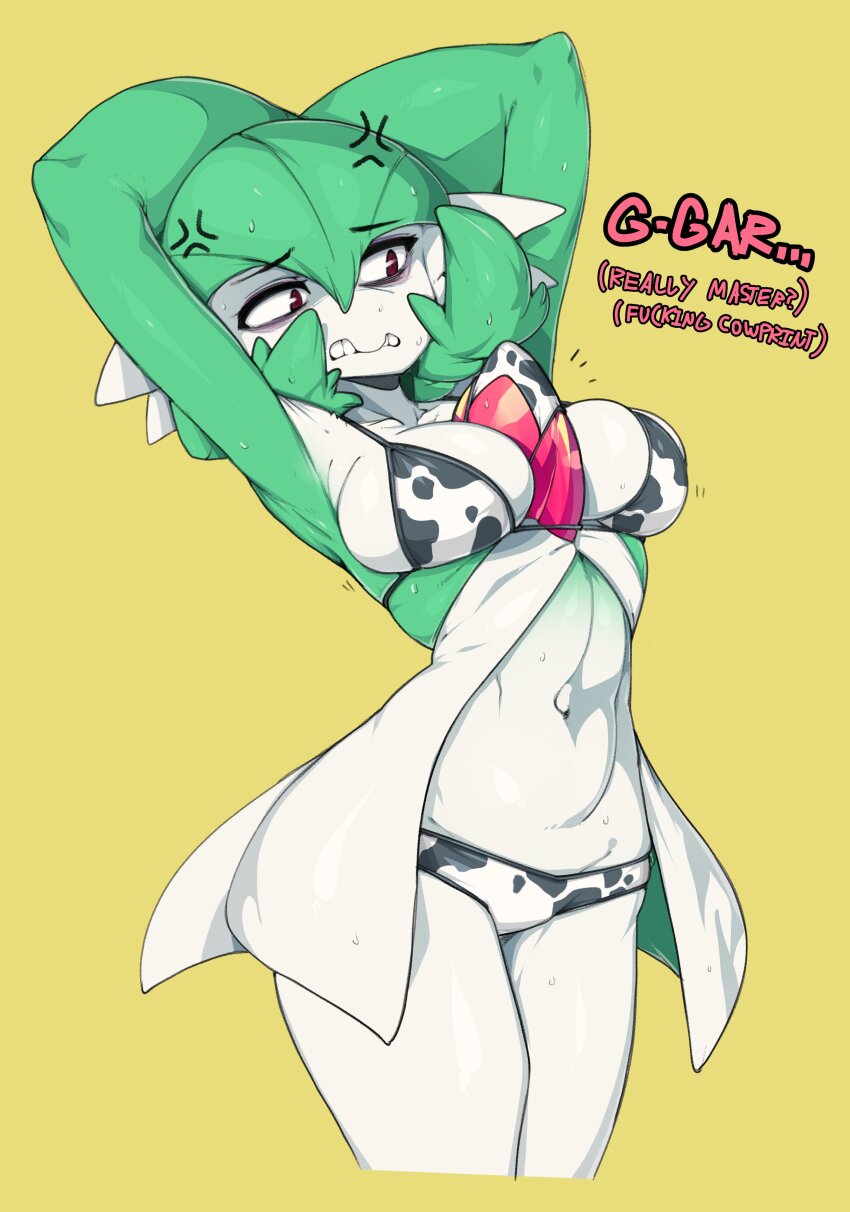1girl absurdres anger_vein animal_print arms_behind_head bikini breasts commentary cow_print cow_print_bikini english_commentary english_text gardevoir gen_3_pokemon hair_between_eyes highres large_breasts navel nintendo pokemon pokemon_(creature) print_bikini red_eyes short_hair simple_background slugbox solo standing stomach sweat swimsuit thighs yellow_background