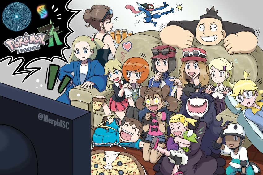 &gt;_&lt; +_+ 6+boys 6+girls :d absurdres ace_trainer_(pokemon) artist_name ash-greninja battle_girl_(pokemon) beauty_(pokemon) bicycle_helmet black-framed_eyewear black_hair blonde_hair blue_eyes bonnie_(pokemon) bracelet brown_hair calem_(pokemon) chewing clemont_(pokemon) clenched_hand commentary_request couch cup eating eyelashes eyewear_on_head eyewear_on_headwear fangs food gen_6_pokemon glass glasses greninja grey_eyes hair_ornament hairclip hat heart helmet hex_maniac_(pokemon) highres holding holding_food holding_plate indoors jewelry juice kneeling korean_commentary lass_(pokemon) legendary_pokemon long_hair lying medium_hair mega_evolution_symbol merphisc multiple_boys multiple_girls nintendo notice_lines on_couch on_side open_mouth orange_juice pale_skin pizza plate pokemon pokemon_(creature) pokemon_legends:_z-a pokemon_xy puff_of_air purple_hair red_headwear roller_skater_(pokemon) round_eyewear serena_(pokemon) shauna_(pokemon) short_hair sitting skin_fangs smile sunglasses sweat teeth television tierno_(pokemon) trevor_(pokemon) twitter_username watching_television white-framed_eyewear wooden_floor xd yellow_pupils youngster_(pokemon) zygarde zygarde_cell
