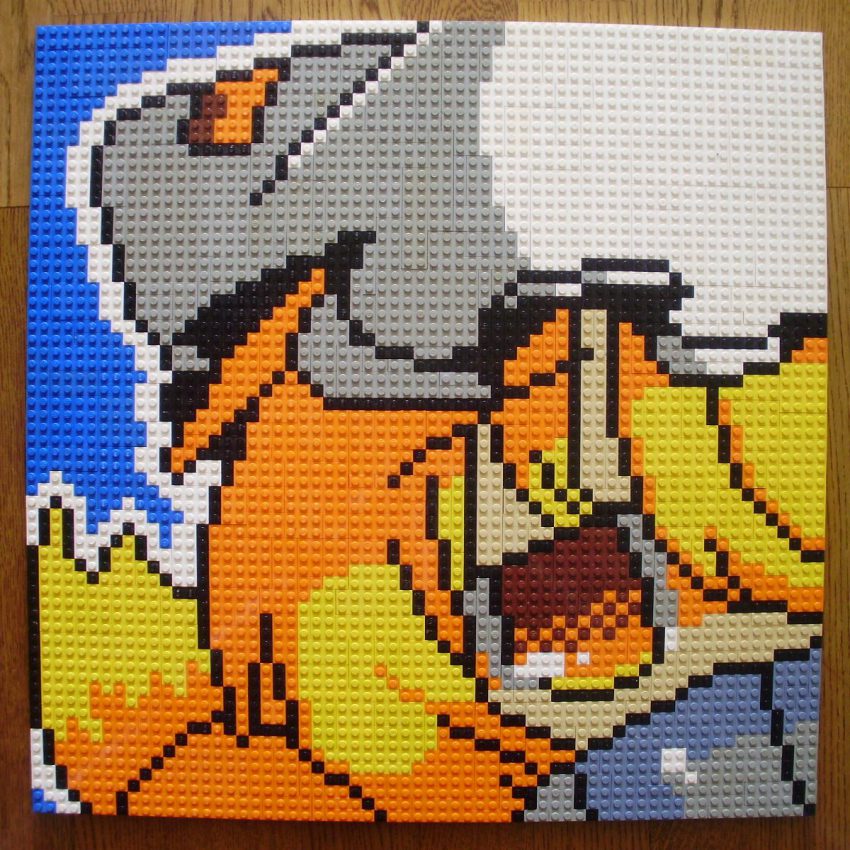 1girl around_corner blonde_hair covering_face covering_own_mouth covering_privates female_focus fox_tail hair_over_one_eye hands_in_opposite_sleeves hat highres lego lego_(medium) photo_(medium) pixel_art solo table tail touhou unconventional_media yakumo_ran yellow_eyes you_rei_(blowback)