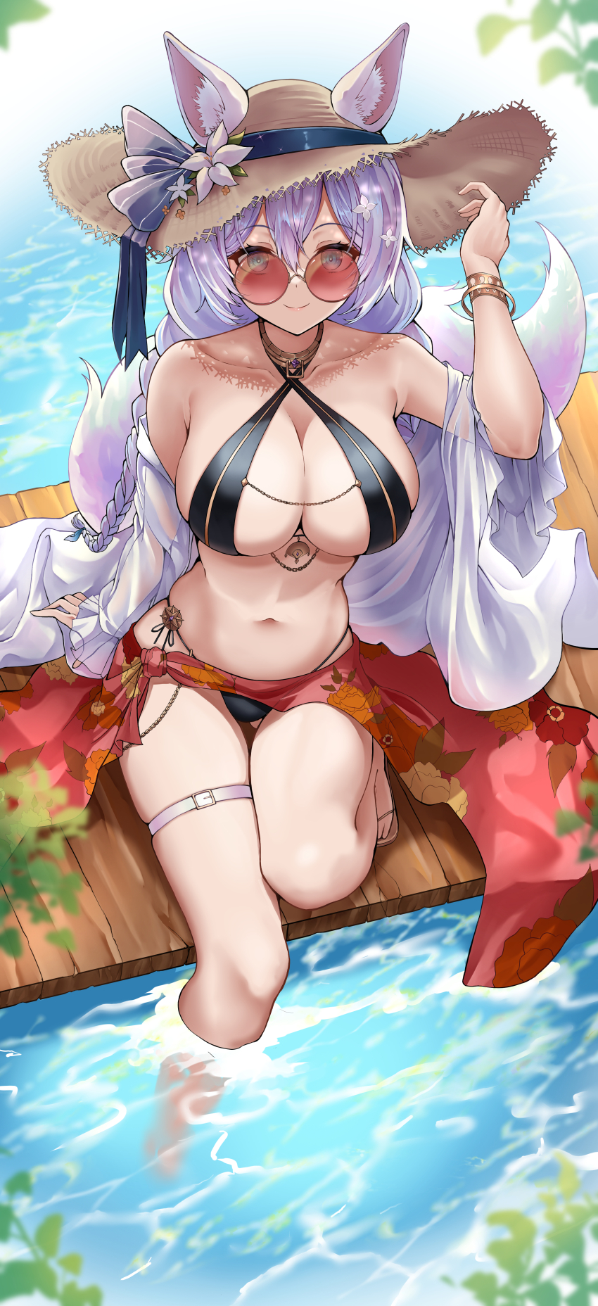 1girl absurdres animal_ear_fluff bare_shoulders bikini black_bikini blue_eyes blush breasts character_request cleavage closed_mouth copyright_request fox_girl fox_tail hair_between_eyes hat highres large_breasts lds_(dstwins97) long_hair looking_at_viewer navel pink-tinted_eyewear purple_hair red_skirt round_eyewear see-through_clothes see-through_shirt shirt sidelocks skirt smile solo stomach straw_hat sun_hat sunglasses swimsuit tail tinted_eyewear white_shirt