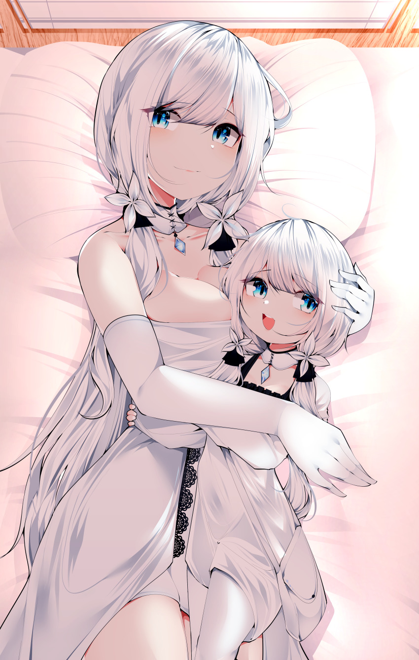 2girls :d absurdres azur_lane bare_shoulders bed blue_eyes blunt_bangs breasts child choker collarbone crystal dress elbow_gloves flower gem gloves hair_flower hair_ornament highres hug illustrious_(azur_lane) large_breasts little_illustrious_(azur_lane) low_twintails lying multiple_girls on_back open_mouth pillow samip smile strapless strapless_dress twintails white_choker white_dress white_gloves white_hair white_legwear