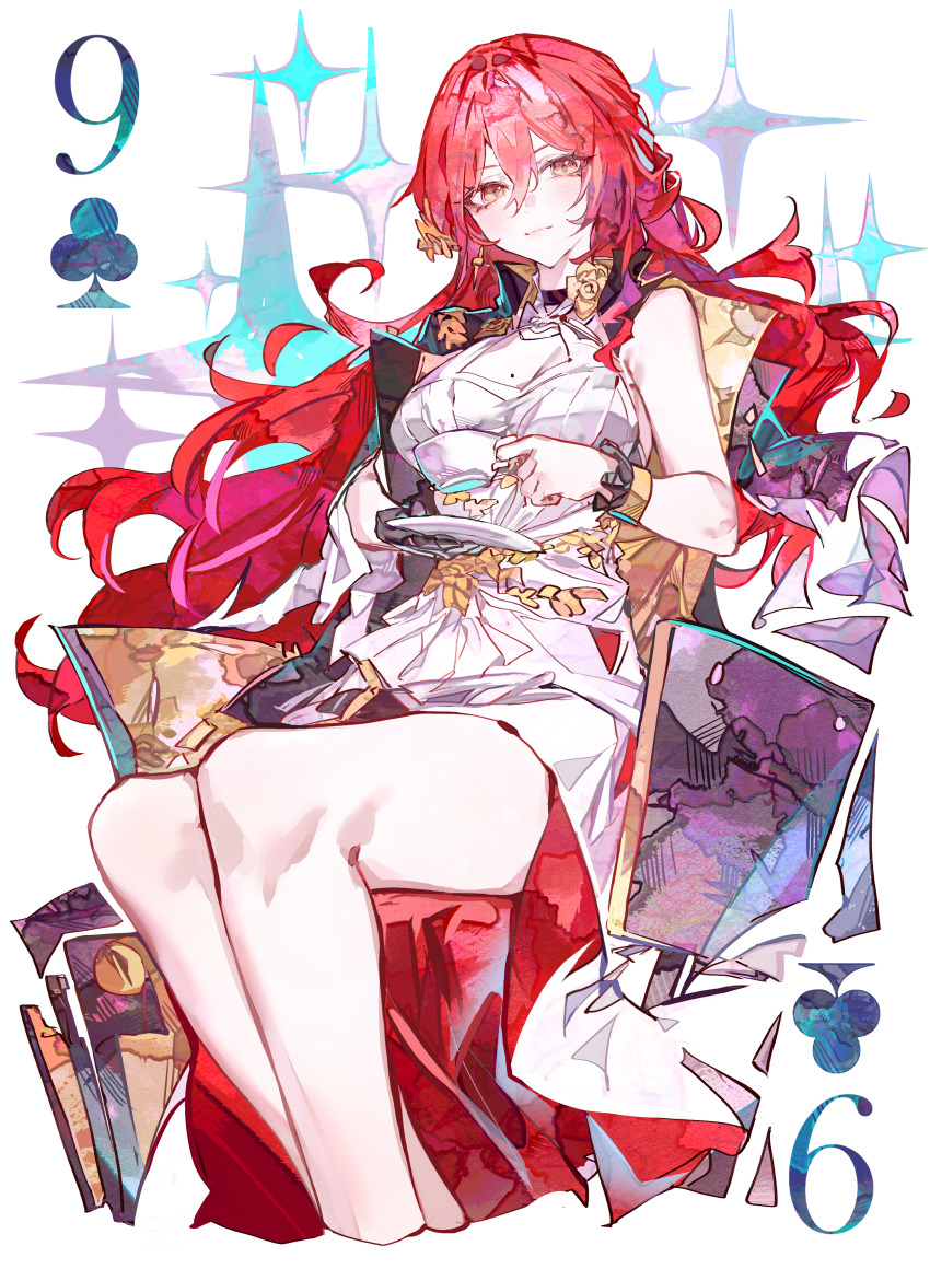 1girl absurdres bare_shoulders black_gloves breasts card closed_mouth cocoballking commentary cup dress floating_hair gloves hair_between_eyes highres himeko_(honkai:_star_rail) holding holding_cup holding_plate honkai:_star_rail honkai_(series) long_hair looking_at_viewer mole mole_on_breast nine_of_clubs plate playing_card red_hair simple_background single_glove sitting smile solo thighs white_background white_dress