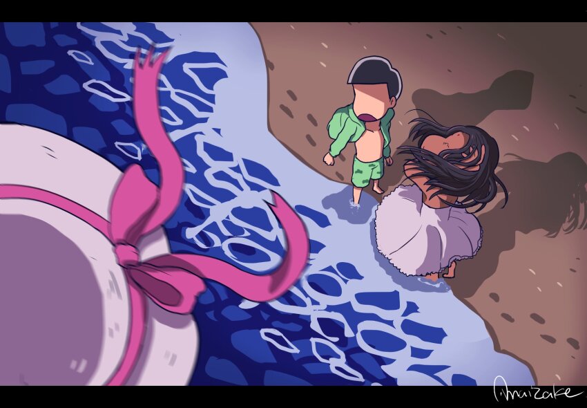 amaizake artist_name barefoot beach black_hair dark-skinned_female dark_skin dayoon_girl dress faceless faceless_female faceless_male from_above hat highres looking_up male_swimwear matsuno_choromatsu open_mouth osomatsu-san osomatsu_(series) sand sun_hat sundress unworn_hat unworn_headwear