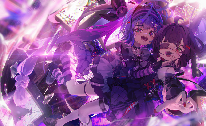 2girls :d absurdres ahoge ap04astral bare_shoulders black_choker black_gloves black_shoes blue_eyes blunt_bangs blush brown_hair choker closed_mouth commentary_request dated_commentary dress eyepatch gloves highres kneehighs long_hair looking_at_viewer multiple_girls nail_polish open_mouth otomachi_una purple_dress purple_hair purple_socks reaching reaching_towards_viewer red_eyes red_nails sharp_teeth shoes short_hair smile socks striped_clothes striped_socks teeth thigh_strap tongue touhoku_kiritan twintails vocaloid voiceroid white_socks y2k_fashion