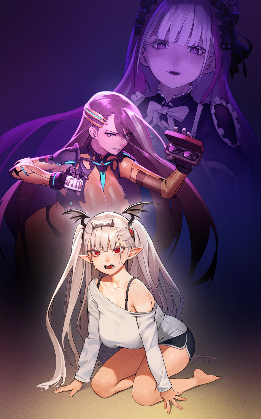3girls absurdres azazel_(last_origin) beeeeen black_pants bodysuit brown_eyes brown_hair draculina_(last_origin) eternity_(last_origin) frown glasses glasses_case grey_hair highres holding last_origin long_hair long_sleeves looking_at_viewer multicolored_hair multiple_girls on_floor open_mouth orange_bodysuit pants pink_eyes pink_hair pointy_ears red_eyes shirt shorts sitting smile streaked_hair sweat twintails white_hair white_shirt