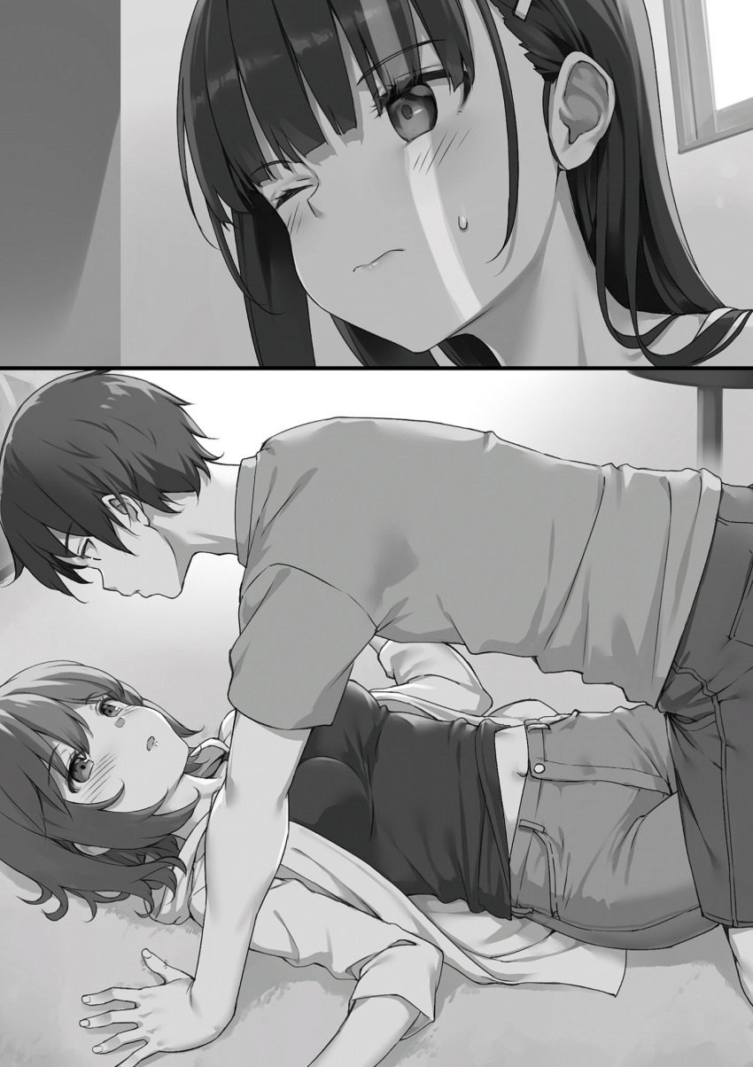 1boy 2girls all_fours blush boy_on_top breasts closed_mouth crack_of_light eye_contact from_side greyscale hetero higashira_isana highres irido_mizuto irido_yume jacket large_breasts looking_at_another lying mamahaha_no_tsurego_ga_moto_kano_datta midriff_peek monochrome multiple_girls navel novel_illustration official_art on_back one_eye_closed open_clothes open_jacket pants parted_lips peeking shirt short_hair shorts sweat takayaki third-party_source