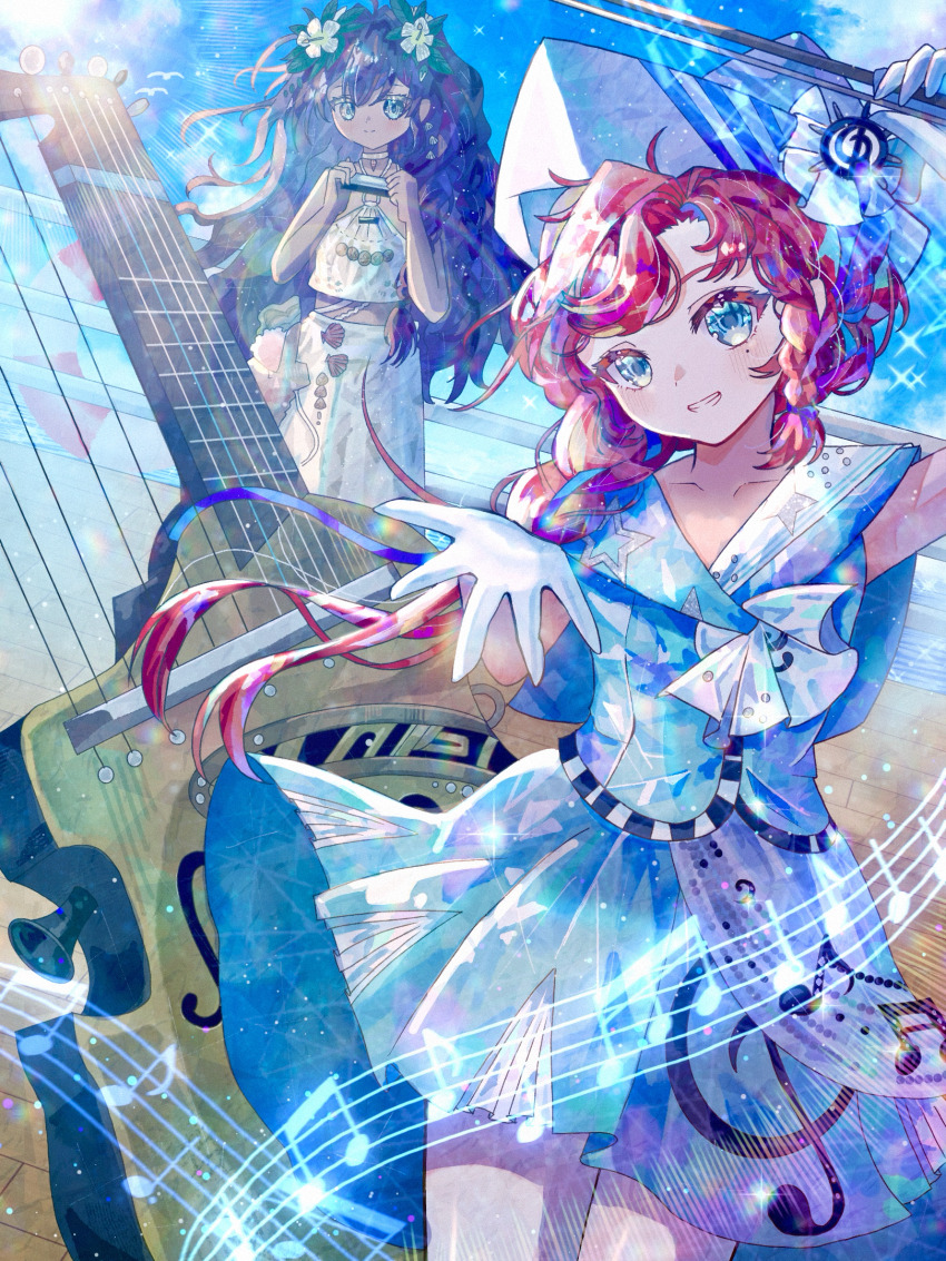 2girls arm_up barcarola_(reverse:1999) beamed_eighth_notes beamed_sixteenth_notes blue_eyes blue_shirt blue_skirt blue_sky bow_(music) braid braided_sidelock brown_hair closed_mouth cowboy_shot crackling_box_(reverse:1999) dark-skinned_female dark_skin day dixie_cup_hat eighth_note fatutu flower gloves grin hair_flower hair_ornament hand_up harmonica hat hibiscus highres holding holding_bow_(music) instrument jitsugetsu leaf_hair_ornament lifebuoy long_braid long_hair looking_at_viewer midriff military_hat miniskirt mole mole_under_eye multiple_girls musical_note musical_note_print musical_staff outstretched_arm outstretched_hand pantyhose print_skirt quarter_note railing red_hair reverse:1999 sailor_collar shirt skirt sky sleeveless sleeveless_shirt smile sparkle swim_ring treble_clef twin_braids white_flower white_gloves white_hair white_pantyhose white_shirt white_skirt wooden_floor