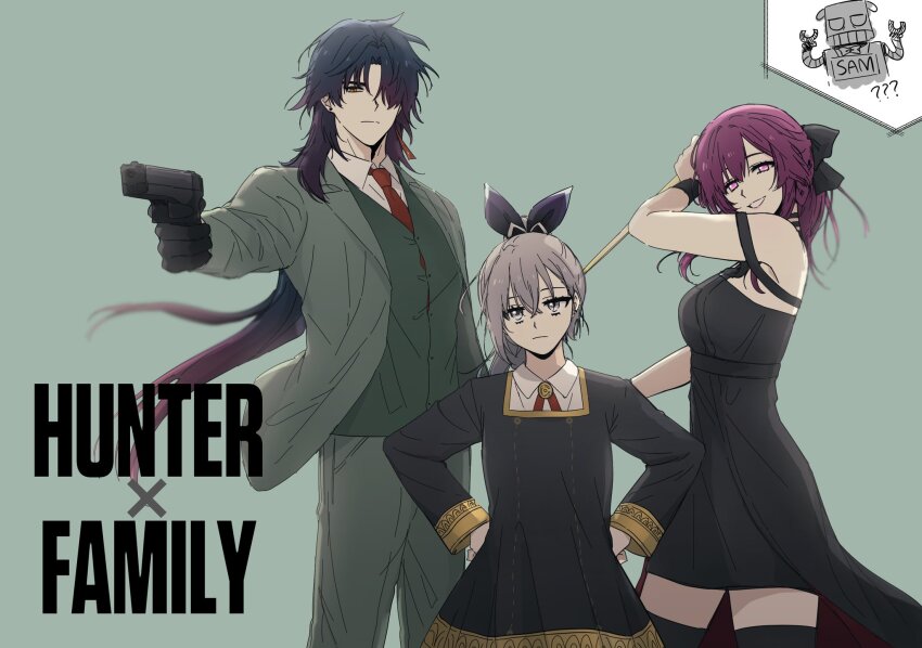 1boy 2girls anya_(spy_x_family) anya_(spy_x_family)_(cosplay) black_bow black_dress blade_(honkai:_star_rail) blue_hair bow collared_shirt commentary commentary_request cosplay dark_blue_hair dress eden_academy_school_uniform formal_clothes gradient_hair green_suit grey_eyes grey_hair gun hair_bow hair_over_one_eye hands_on_own_hips highres holding holding_gun holding_needle holding_weapon honkai:_star_rail honkai_(series) jupiteryi4288 kafka_(honkai:_star_rail) korean_commentary low_ponytail multicolored_hair multiple_girls necktie needle parody ponytail purple_eyes purple_hair red_eyes red_hair red_necktie sam_(honkai:_star_rail) school_uniform shirt silver_wolf_(honkai:_star_rail) spy_x_family suit thighhighs title_parody twilight_(spy_x_family) twilight_(spy_x_family)_(cosplay) weapon yor_briar yor_briar_(cosplay)