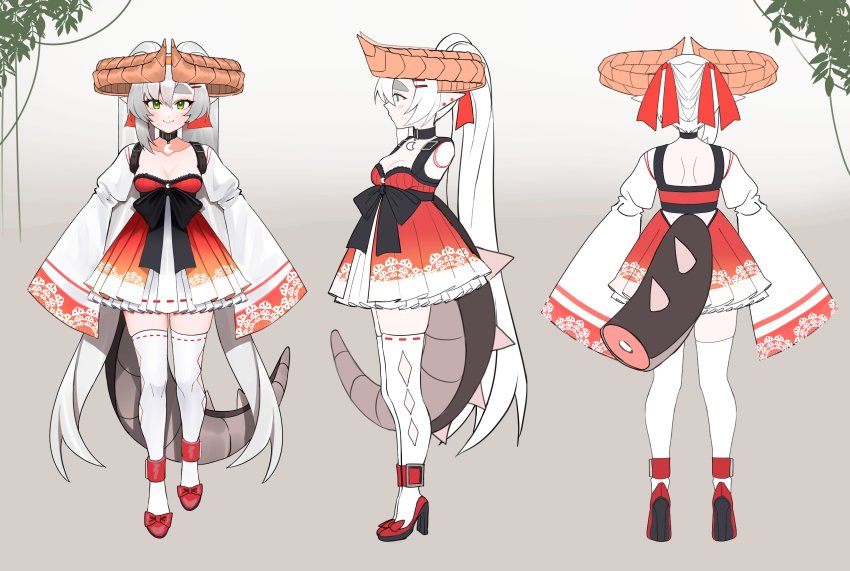 absurdres asymmetrical_bangs black_tail choker dragon_girl dragon_horns dragon_tail from_behind from_side full_body gradient_background highres horns kumaartsu long_sleeves mythic_live nako_ryu original pleated_skirt pointy_ears red_footwear skirt sleeves_past_wrists spiked_tail tail twintails virtual_youtuber