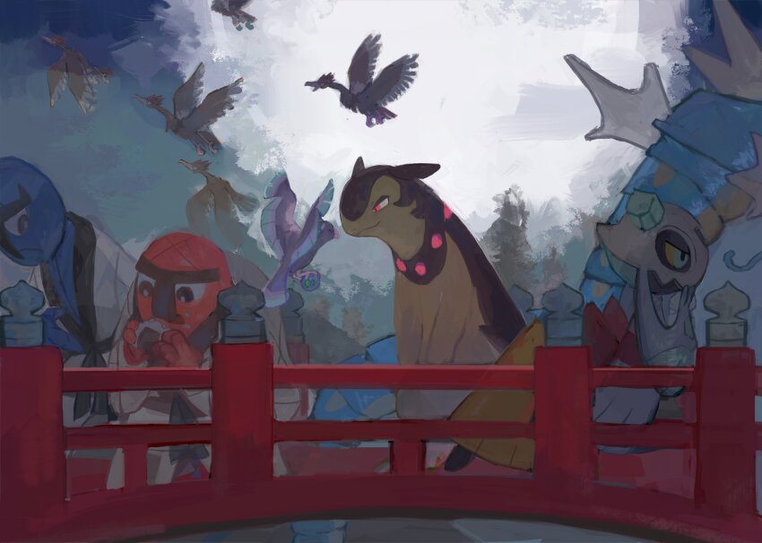 absurdres aomidori_iro architecture bird black_fur blue_eyes blue_skin bridge colored_sclera colored_skin east_asian_architecture fearow food froslass gen_1_pokemon gen_4_pokemon gen_5_pokemon gen_7_pokemon grey_sky gyarados highres hisuian_typhlosion holding holding_food nintendo onigiri oricorio oricorio_(sensu) outdoors pokemon pokemon_(creature) red_eyes red_skin sawk sky throh two-tone_fur yellow_fur yellow_sclera
