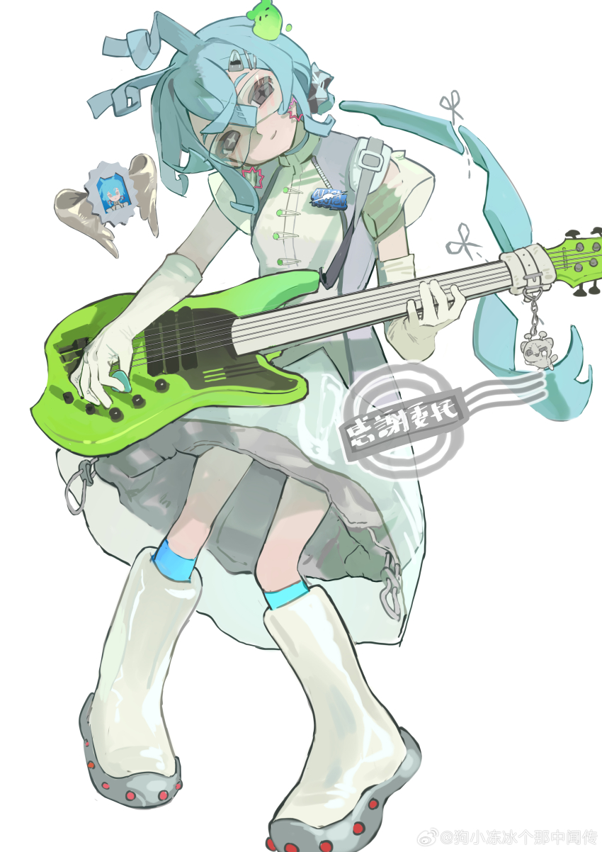 5-string_bass_guitar absurdres bass_guitar black_eyes blue_hair character_request dingwall_guitars dingwall_ng3 dress extended_range_bass_guitar eyewear_on_head fretless_bass_guitar fretless_instrument gloves guitar highres holding holding_bass_guitar holding_instrument holding_plectrum instrument original plectrum socks watermark weibo_5782430976 weibo_watermark white_gloves wings