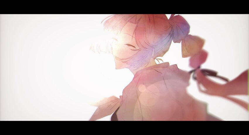 1girl :d ^_^ anyoji_hime aru_(aruaru_nainai3) backlighting brown_dress closed_eyes commentary dress hasu_no_sora_school_uniform highres hood hooded_jacket jacket lens_flare letterboxed link!_like!_love_live! lone_nape_hair long_hair long_sleeves love_live! multi-tied_hair neckerchief open_clothes open_jacket open_mouth pink_hair pink_jacket ponytail school_uniform simple_background smile solo symbol-only_commentary upper_body virtual_youtuber white_background winter_uniform yellow_neckerchief