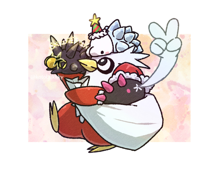 black_eyes bright_pupils closed_mouth commentary_request delibird from_side gen_2_pokemon gen_7_pokemon gen_8_pokemon hat holding holding_sack kotobukkii_(yt_lvlv) nintendo on_head party_hat pincurchin pink_eyes pokemon pokemon_(creature) pokemon_on_arm pokemon_on_head pyukumuku red_hat sack santa_hat snom standing v white_pupils