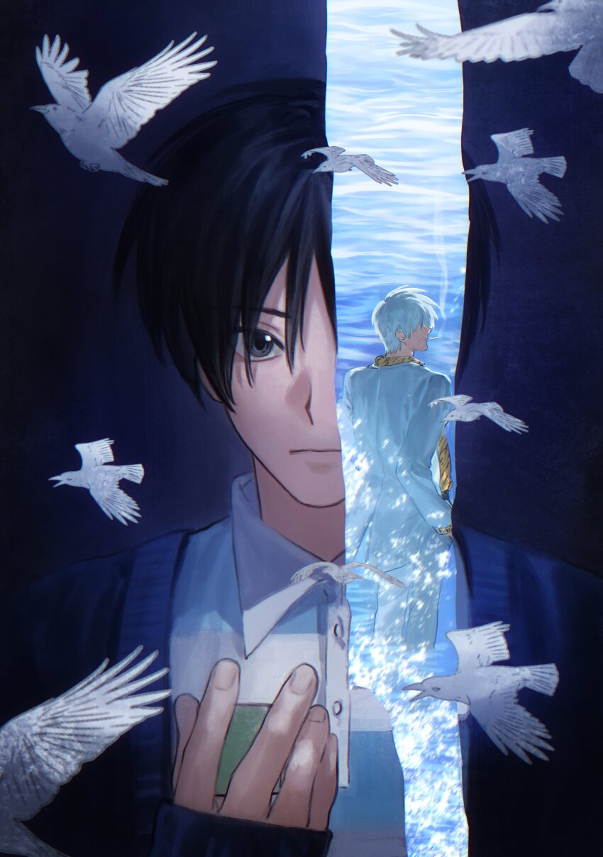 2boys absurdres akagi_shigeru bird black_eyes black_hair blue_sweater cigarette closed_mouth expressionless fukumoto_mahjong highres igawa_hiroyuki lngy131136 long_sleeves looking_at_viewer male_focus multiple_boys pants shirt short_hair smoking sweater ten_(manga) upper_body white_bird white_hair white_pants white_shirt
