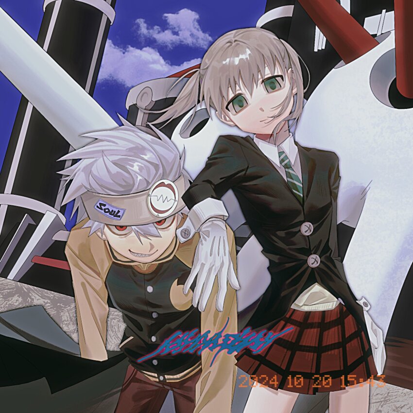 aynm010330 blonde_hair buttons chinese_commentary closed_mouth dated gloves green_eyes green_necktie grin highres jacket maka_albarn mixed-language_commentary necktie outdoors plaid_clothes plaid_skirt red_eyes school sharp_teeth short_twintails skirt sky smile soul_eater soul_evans striped_necktie teeth twintails white_gloves white_hair