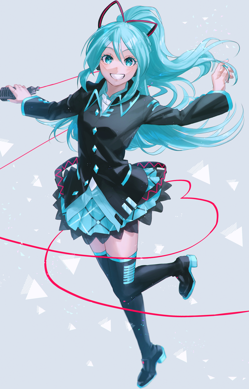 1girl absurdres arms_at_sides black_shirt blue_eyes blue_hair blue_nails blue_skirt blurry boots bow buttons cable commentary_request depth_of_field diamond_button floating_clothes floating_hair grin hair_bow hatsune_miku hatsune_miku_(if) high_heel_boots high_heels highres holding holding_microphone leg_up light_particles long_hair long_sleeves looking_at_viewer microphone plaid_clothes plaid_skirt ponytail shirt short_ponytail simple_background skirt smile solo teeth thigh_boots thighhighs vocaloid yymmawo_vv2 zettai_ryouiki