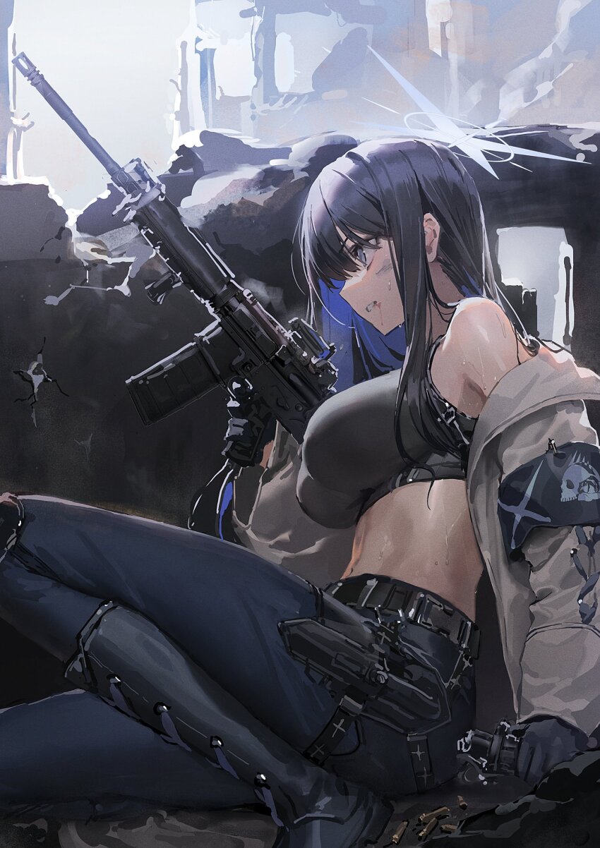 1girl bare_shoulders black_gloves blue_archive blue_eyes blue_hair blue_halo boots buckle bullet chest_harness clenched_teeth coat colored_inner_hair concrete crop_top crumbling destruction dirty dirty_face gloves gun halo harness highres holding holding_gun holding_weapon jacket knee_boots knife_sheath lace-up_boots long_hair looking_ahead midriff multicolored_hair navel no_mask open_clothes open_jacket pants pepperdevil saori_(blue_archive) sheath shirt sidelocks sig_516 sig_sauer sitting sleeveless sleeveless_shirt snap-fit_buckle solo sweat sweatdrop teeth thigh_sheath toned weapon white_coat