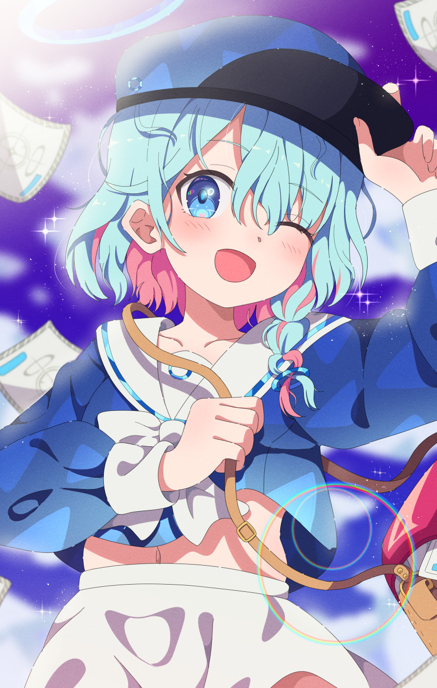 1girl ;d absurdres adapted_costume arona_(blue_archive) bag blue_archive blue_eyes blue_halo blue_hat blue_shirt blurry blurry_background blush bow bowtie braid bright_pupils colored_inner_hair commentary cowboy_shot gacha_(game_mechanic) hair_between_eyes halo hand_on_headwear hand_up happy hat highres lens_flare letter long_sleeves looking_at_viewer mailman midriff mikoshi_(user_wvyd4348) miniskirt multicolored_hair navel one_eye_closed open_mouth peaked_cap pink_hair puffy_long_sleeves puffy_sleeves sailor_collar school_uniform serafuku shirt short_hair shoulder_bag single_braid skirt smile solo sparkle two-tone_hair white_bow white_bowtie white_sailor_collar white_skirt