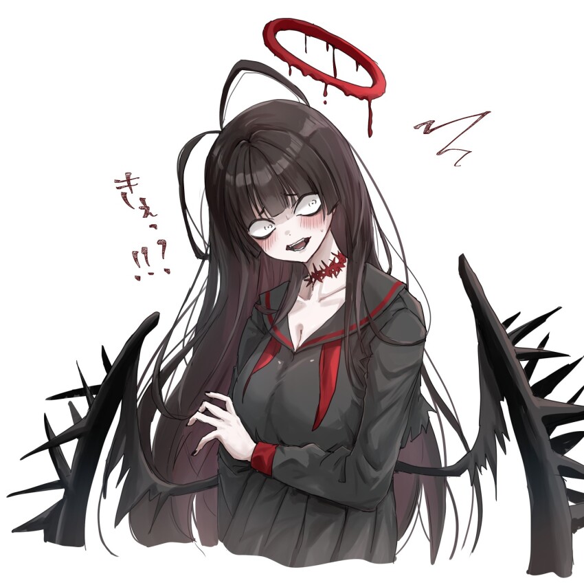 1girl antenna_hair bags_under_eyes black_hair black_serafuku black_wings blue_archive blunt_bangs blush breasts cleavage collarbone cropped_legs fingernails furrowed_brow halo highres komena_(shinyday312) large_breasts long_hair long_sleeves melting_halo nail_polish neckerchief open_mouth pleated_skirt red_halo school_uniform serafuku simple_background skirt solo straight_hair teeth translation_request tsurugi_(blue_archive) undone_neckerchief very_long_hair white_background wings